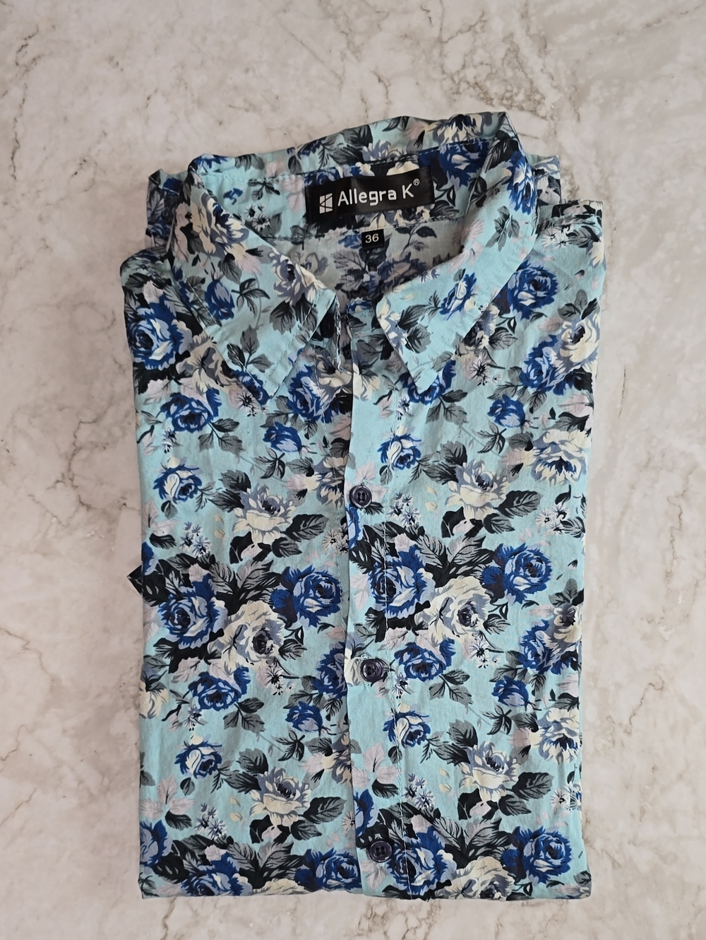Allegra K Men's Button Up, Short Sleeve, Blue Flowers